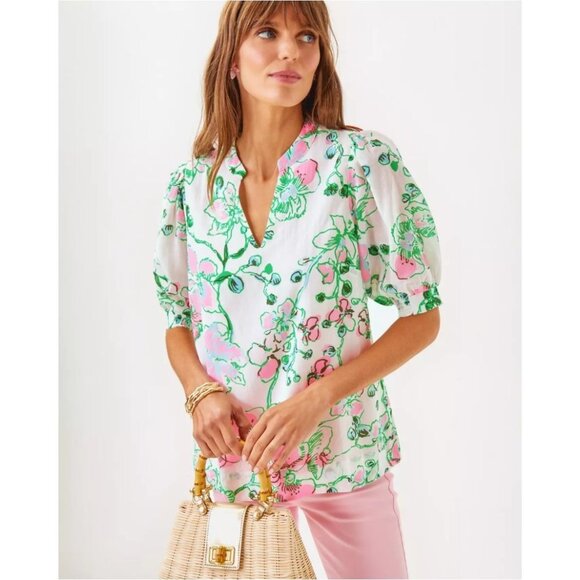 Lilly Pulitzer Brinelle Top Multi Oversized Orchids on the Avenue Allover Sz S